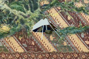 Tent in bos, geschilderd op sarong