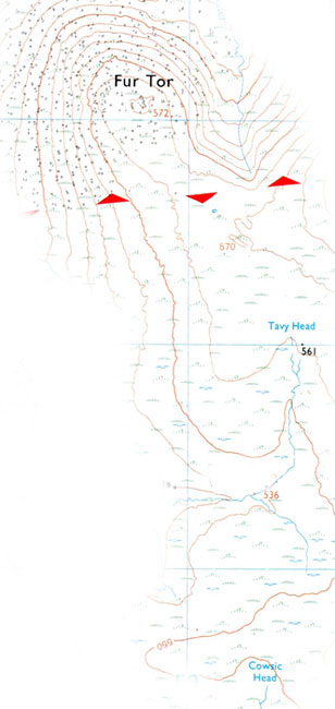 Kaart van de route vanaf Cowsic Head naar Fur Tor