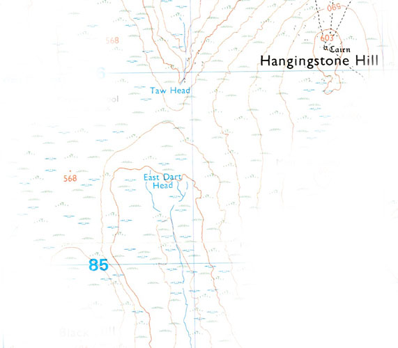 Kaart van East Dart en Hangingstone Hill