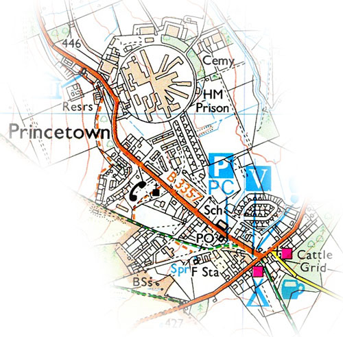Kaart van Princetown met Dartmoor Prison