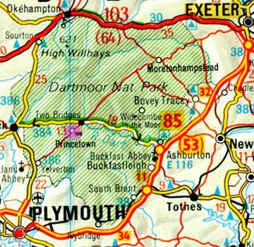 Ligging Princetown, midden in Dartmoor